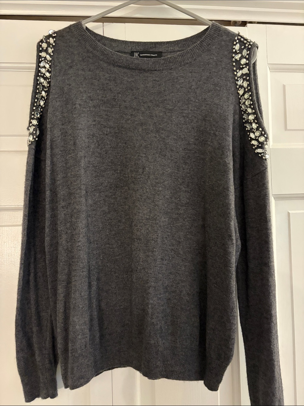 Embellished Cold-Shoulder Charcoal Sweater - Women